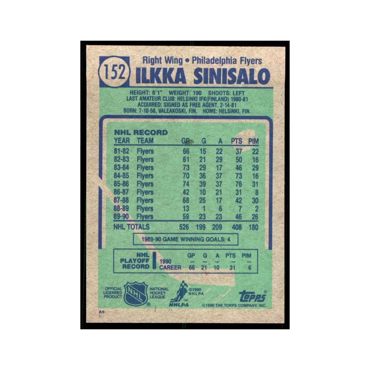 1990 Topps Ilkka Sinisalo Hockey Cards #152