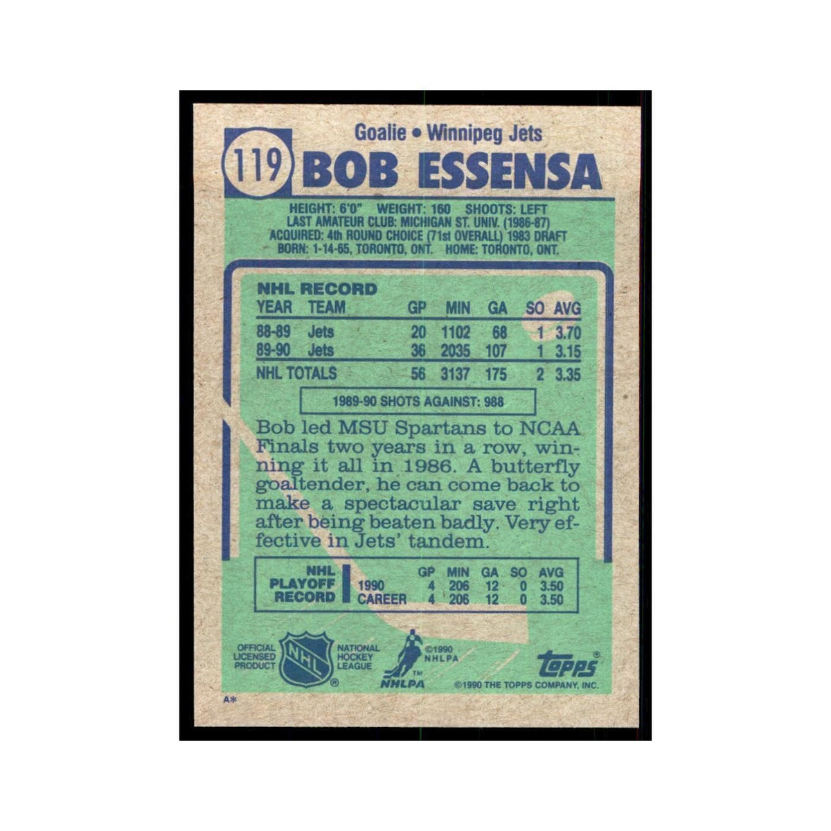 1990 Topps Bob Essensa Hockey Cards #119