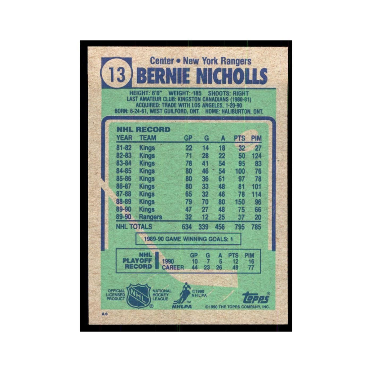 1990 Topps Bernie Nicholls Hockey Cards #13