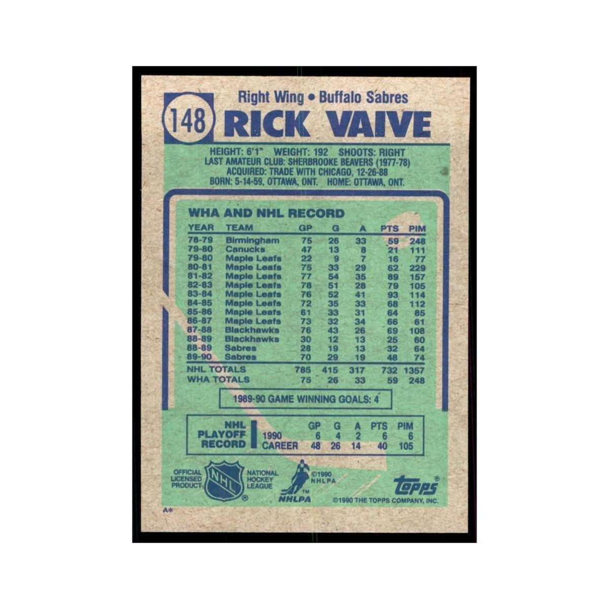 1990 Topps Rick Vaive Hockey Cards #148