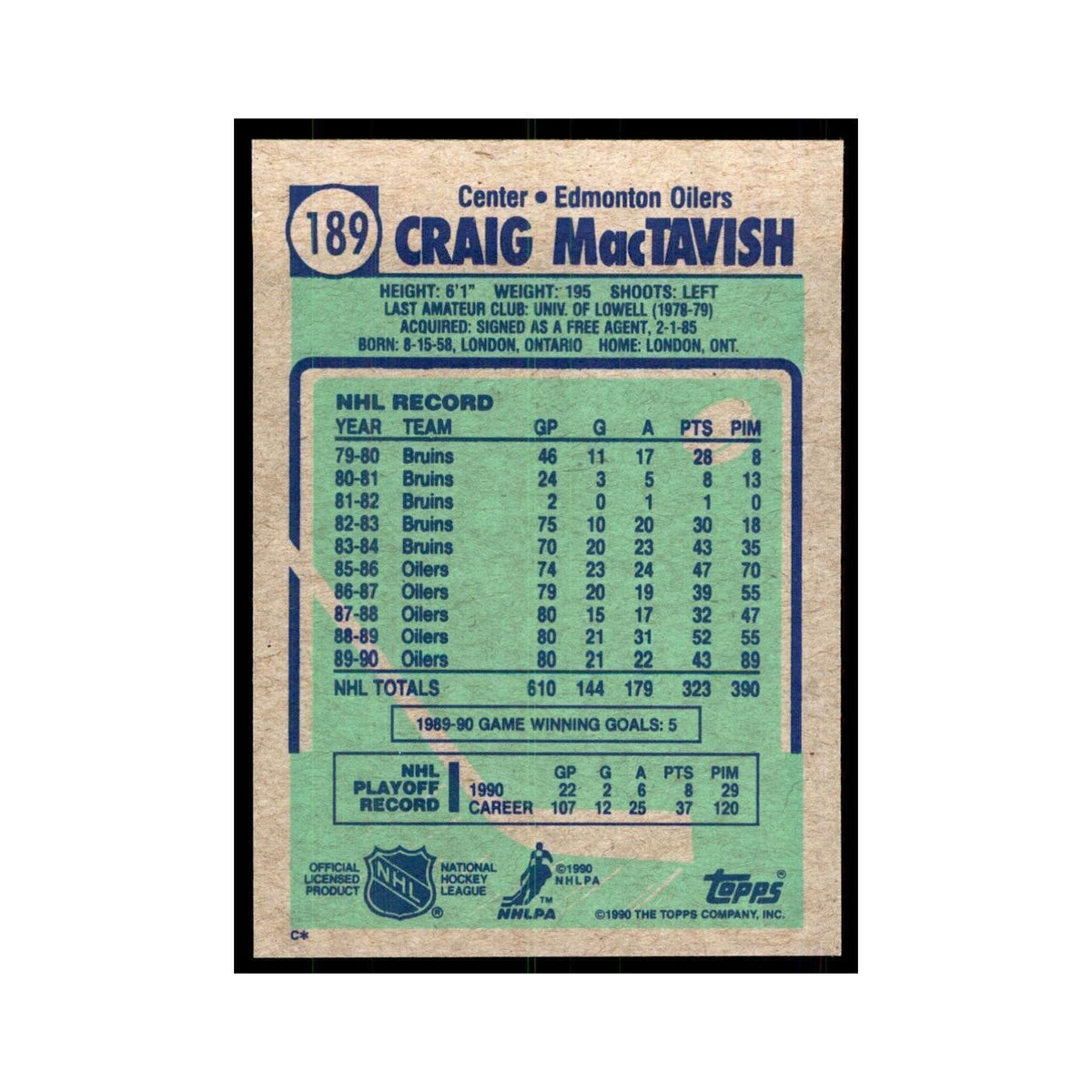 1990 Topps Craig MacTavish Hockey Cards #189