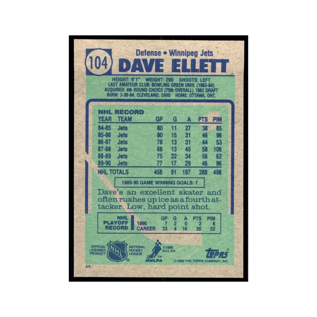 1990 Topps Dave Ellett Hockey Cards #104
