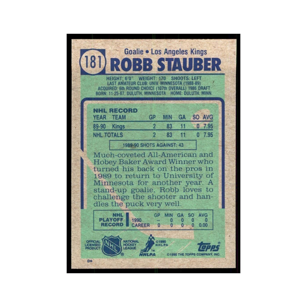 1990 Topps Robb Stauber Hockey Cards #181