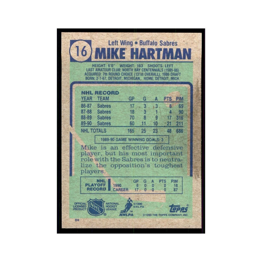 1990 Topps Mike Hartman Hockey Cards #16