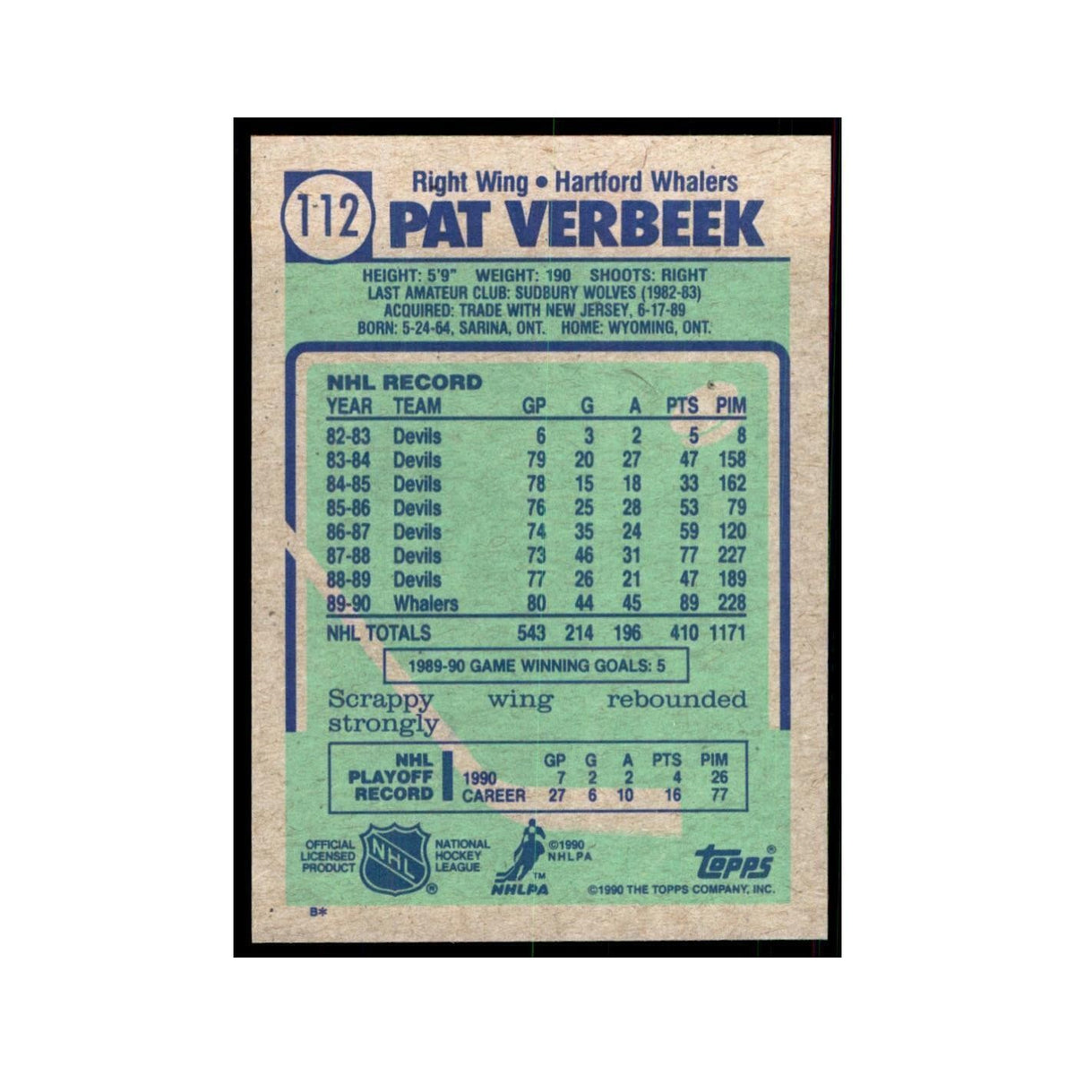 1990 Topps Pat Verbeek Hockey Cards #112