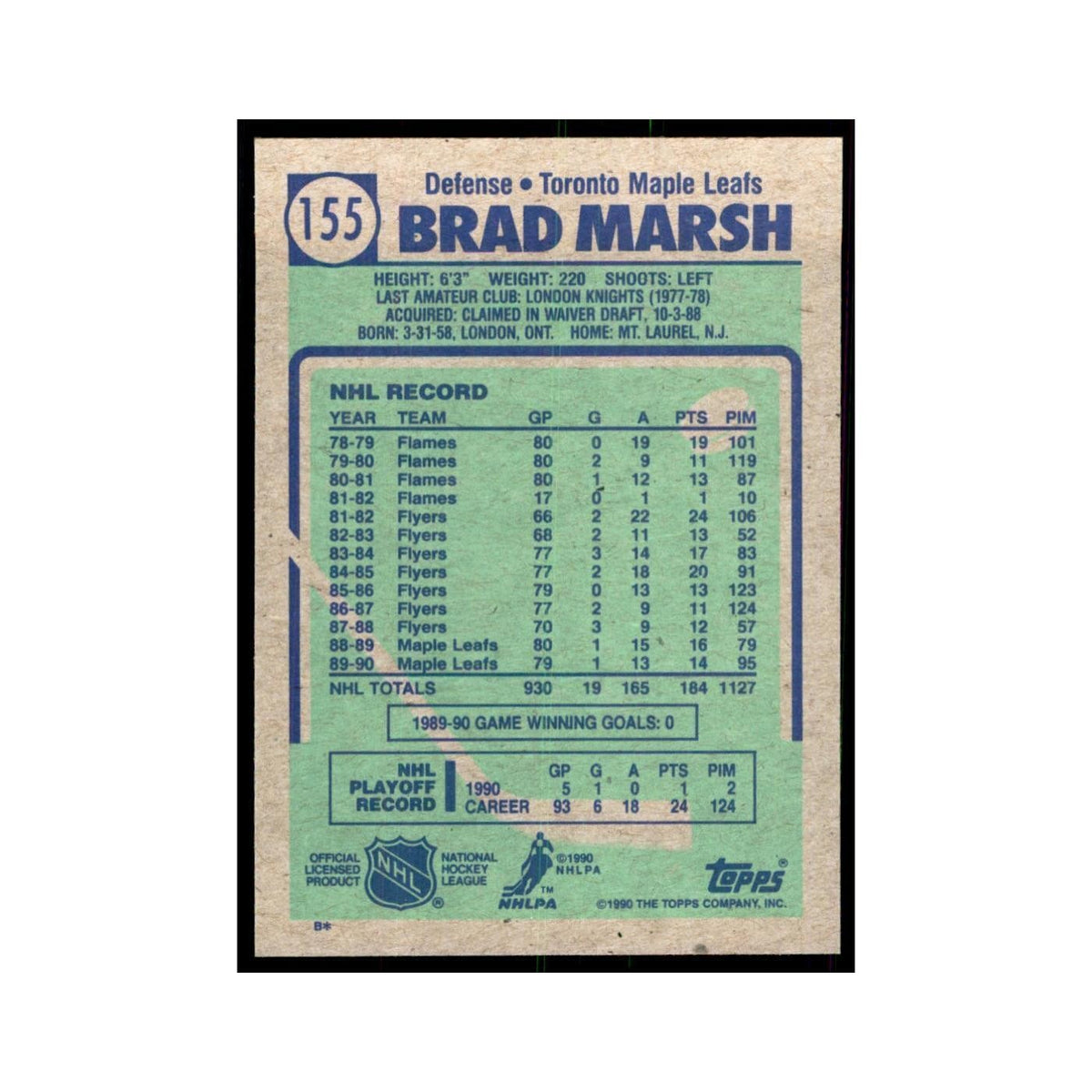 1990 Topps Brad Marsh Hockey Cards #155