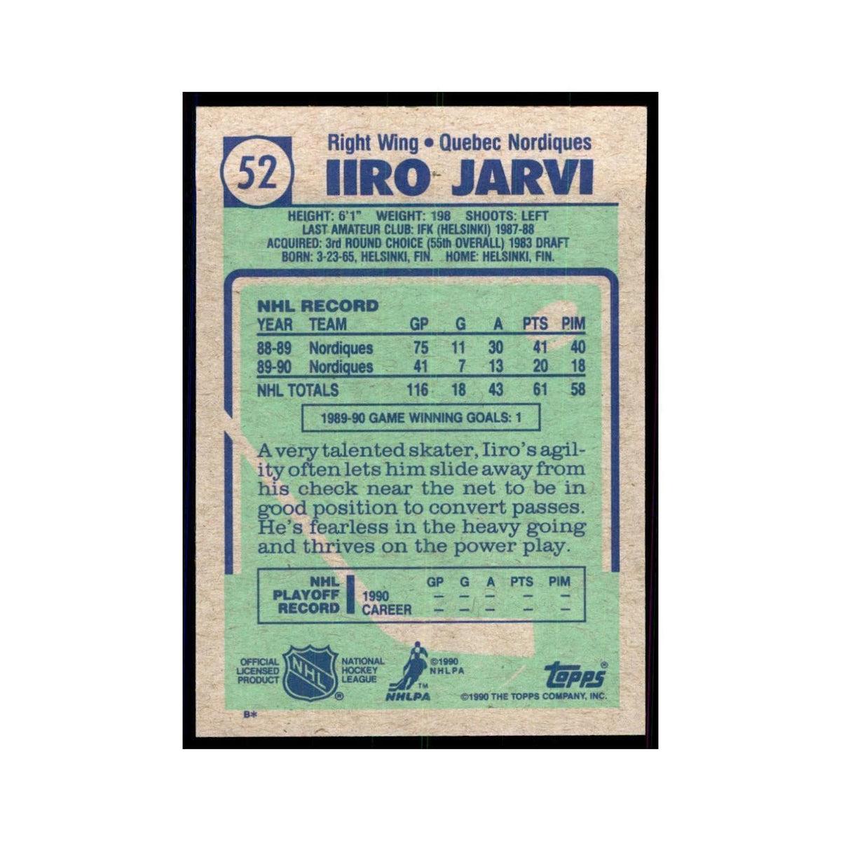 1990 Topps Iiro Jarvi Hockey Cards #52
