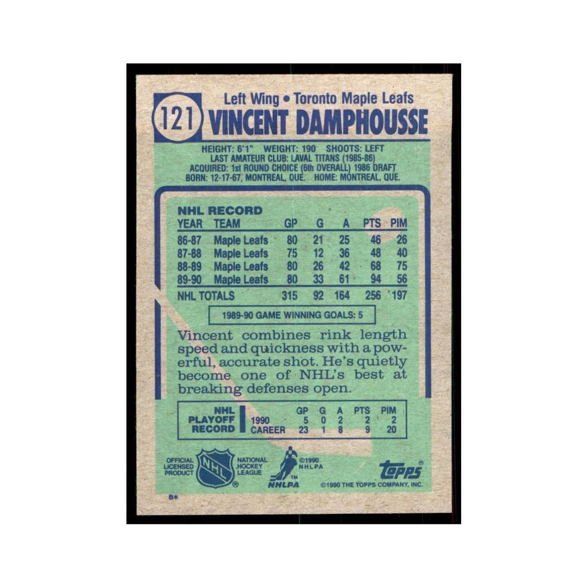 1990 Topps Vincent Damphousse Hockey Cards #121