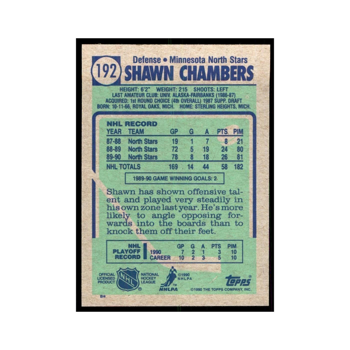1990 Topps Shawn Chambers Hockey Cards #192