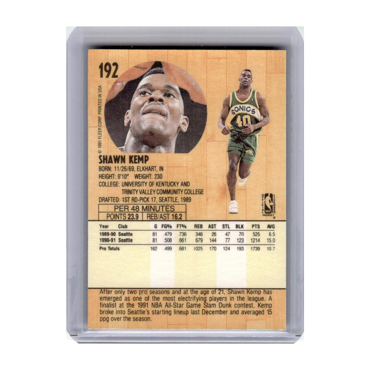 1991 Fleer Shawn Kemp Seattle SuperSonics #192