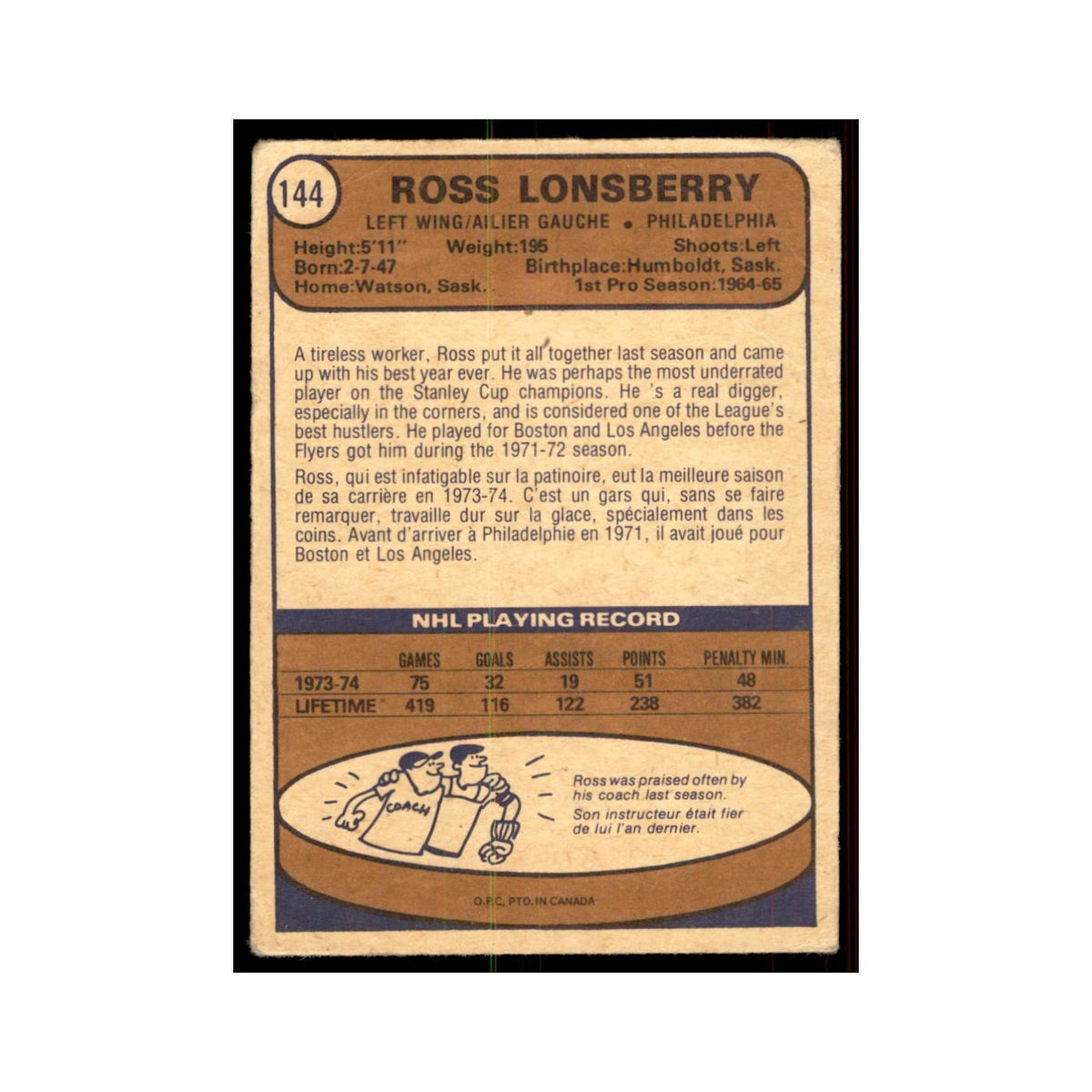 1974 O-Pee-Chee Ross Lonsberry (Damaged) Philadelphia Flyers #144