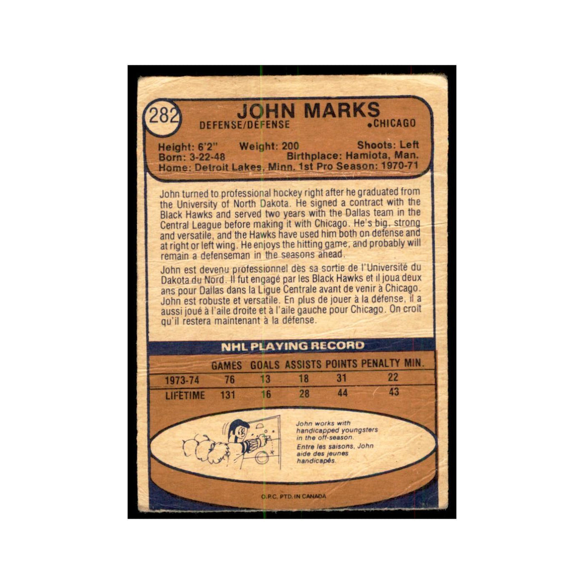 1974 O-Pee-Chee John Marks RC (Damaged) Chicago Blackhawks #282