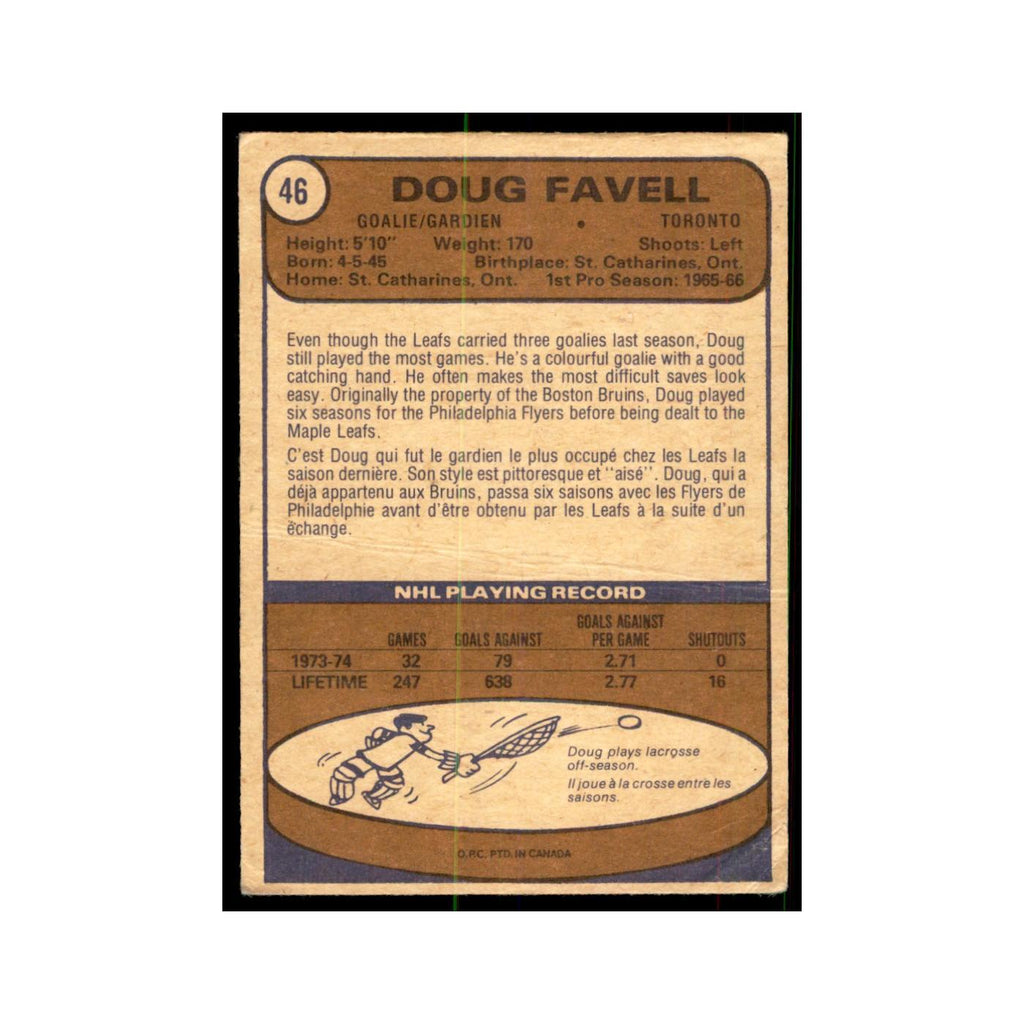 1974 O-Pee-Chee Doug Favell (Damaged) Toronto Maple Leafs #46