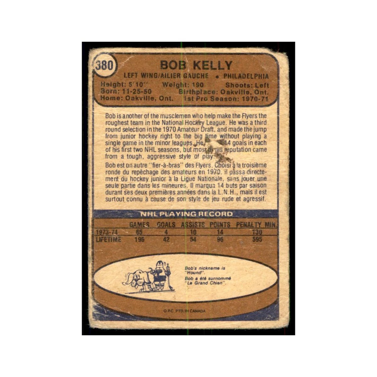1974 O-Pee-Chee Bob Kelly (Damaged) Philadelphia Flyers #380