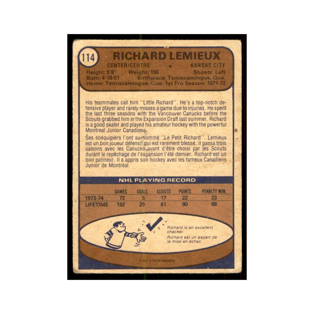 1974 O-Pee-Chee Richard Lemieux (Damaged) Kansas City Scouts #114