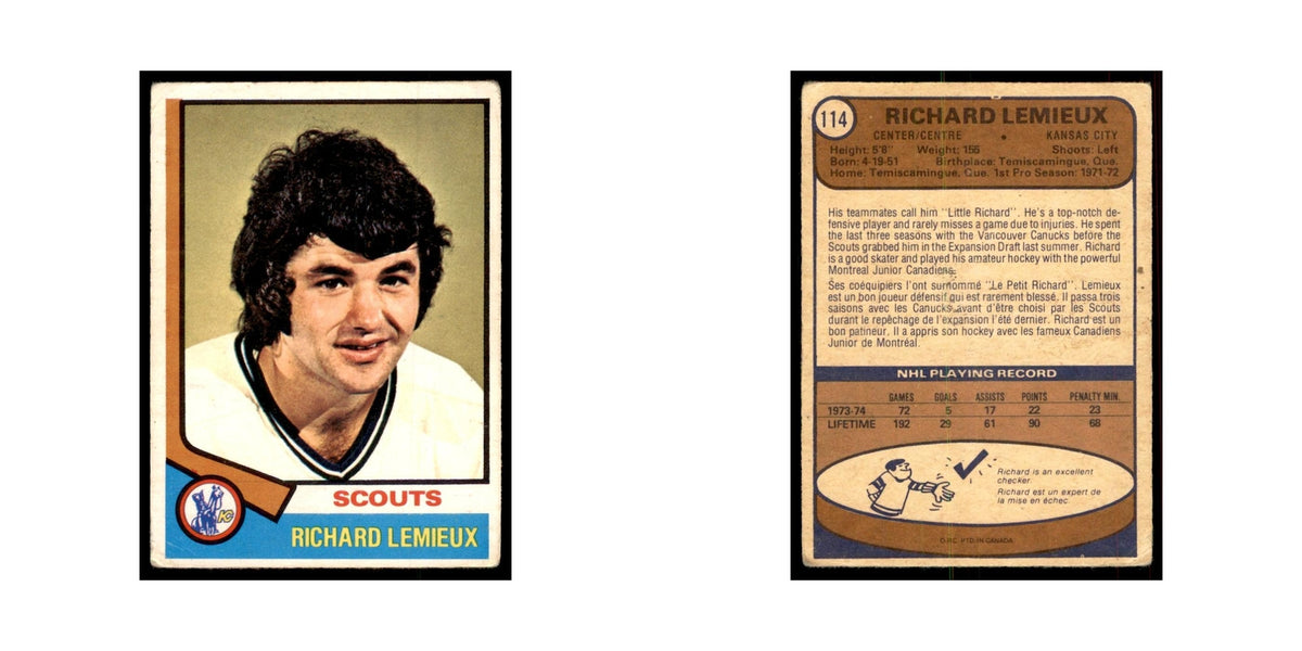 1974 O-Pee-Chee Richard Lemieux (Damaged) Kansas City Scouts #114