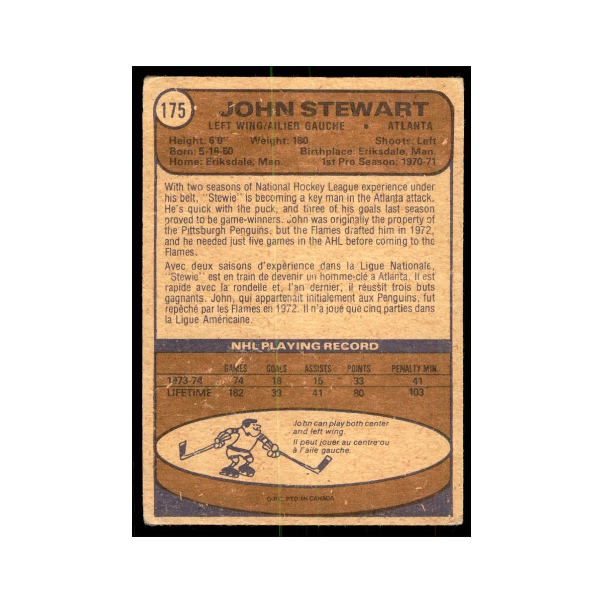 1974 O-Pee-Chee John Stewart RC (Damaged) California Golden Seals #175