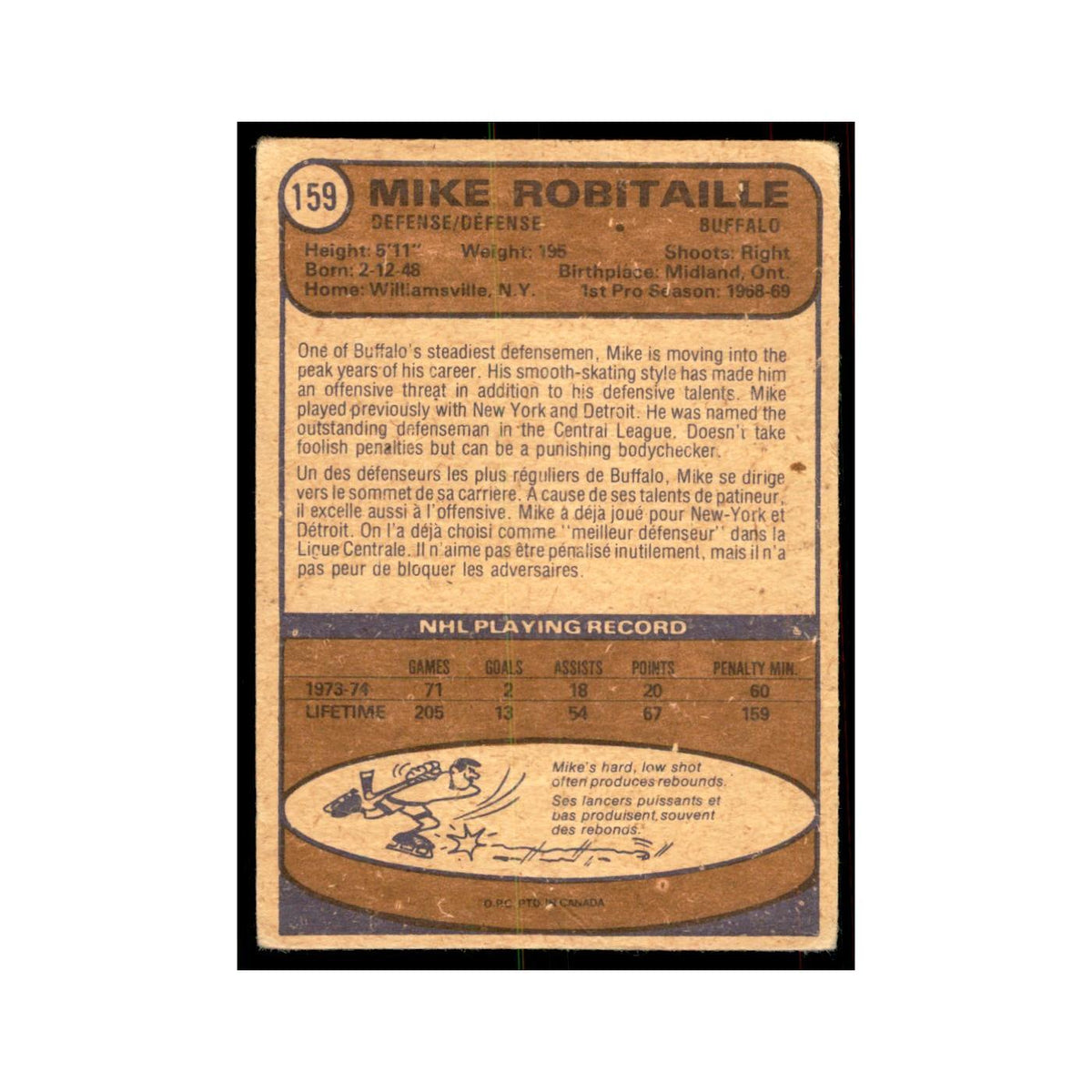 1974 O-Pee-Chee Mike Robitaille (Damaged) Buffalo Sabres #159