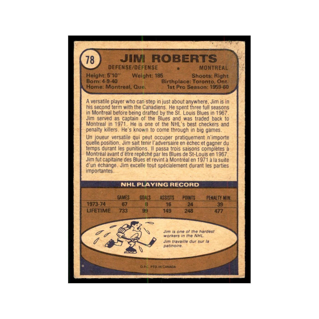 1974 O-Pee-Chee Jim Roberts (Damaged) Montreal Canadiens #78
