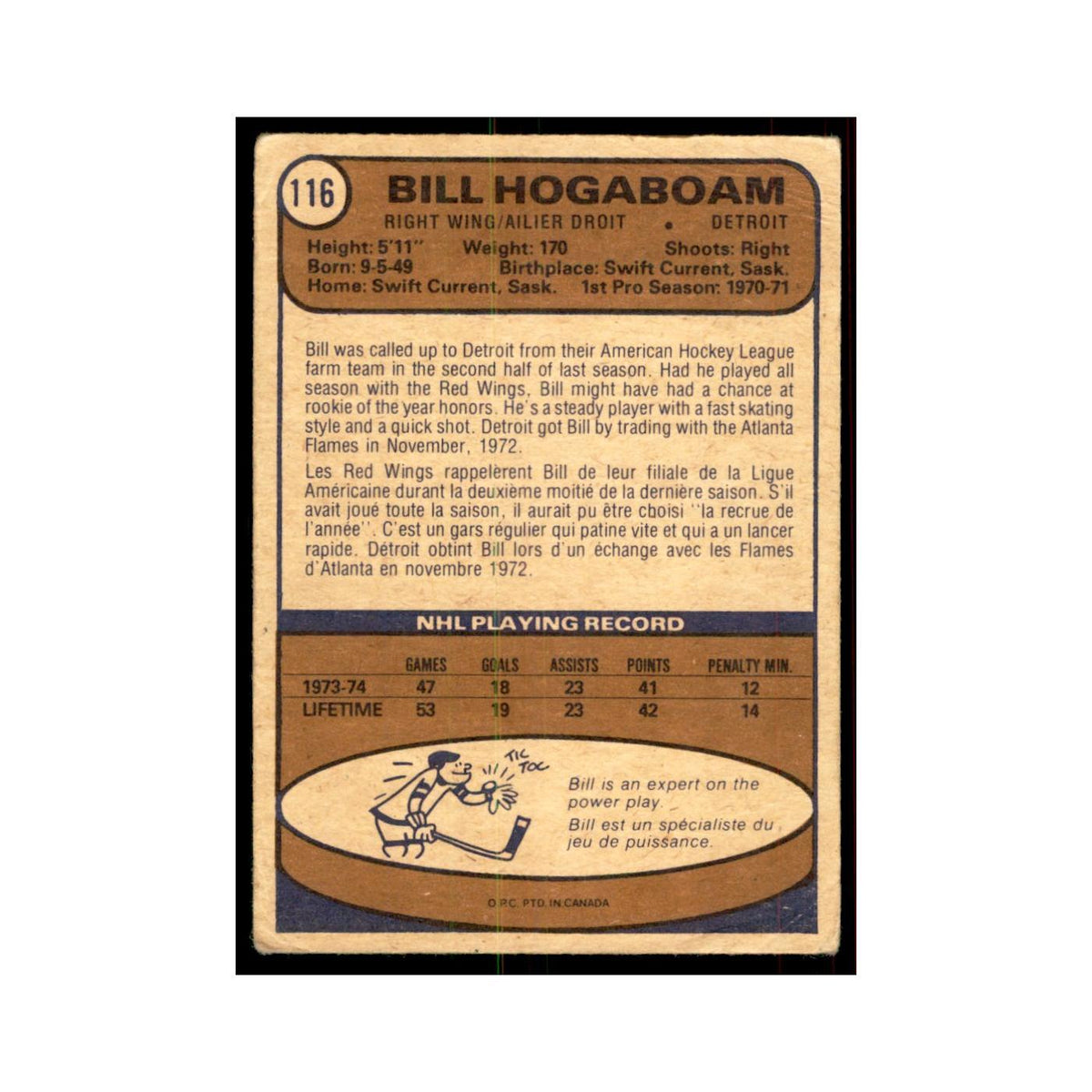 1974 O-Pee-Chee Bill Hogaboam RC (Damaged) Detroit Red Wings #116