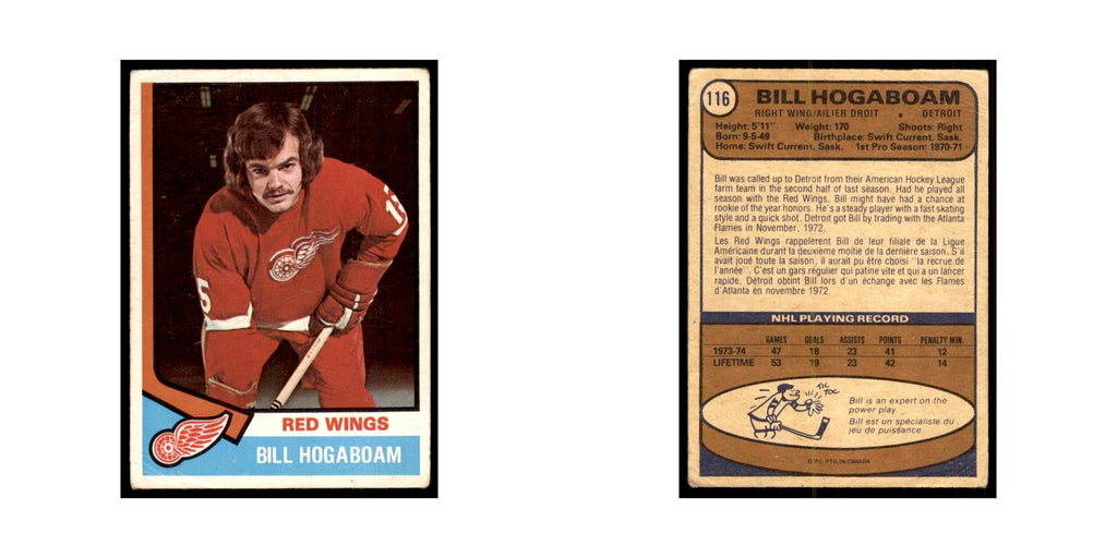 1974 O-Pee-Chee Bill Hogaboam RC (Damaged) Detroit Red Wings #116