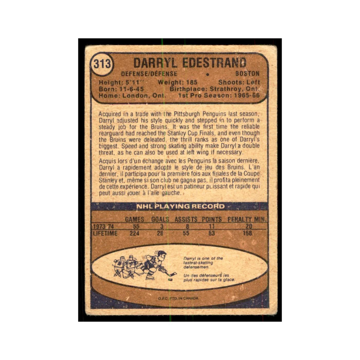 1974 O-Pee-Chee Darryl Edestrand (Damaged) Boston Bruins #313