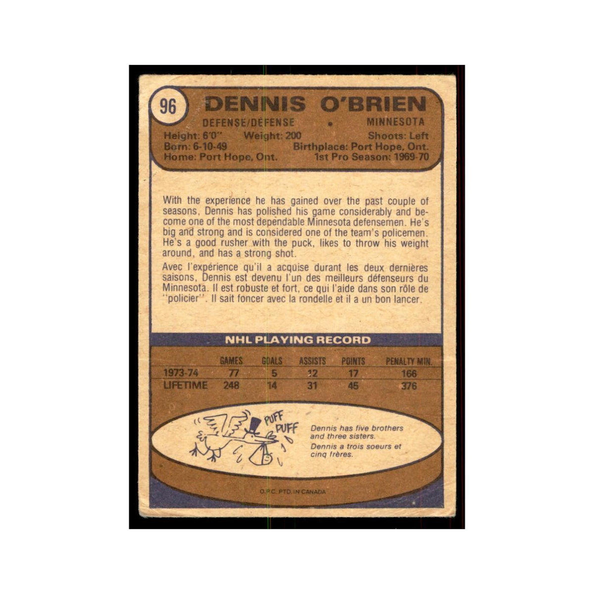 1974 O-Pee-Chee Dennis O'Brien (Damaged) Minnesota North Stars #96