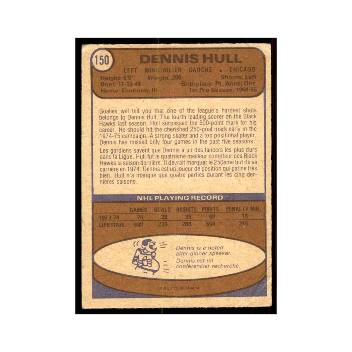 1974 O-Pee-Chee Dennis Hull (Damaged) Chicago Blackhawks #150