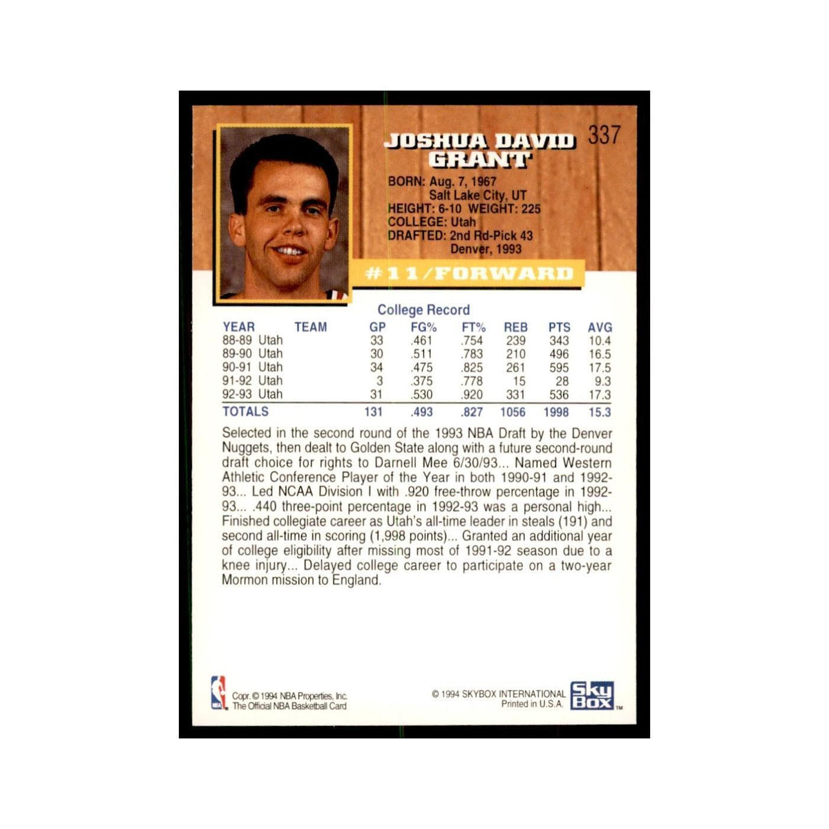 1993 NBA Hoops Josh Grant RC Basketball Cards #337