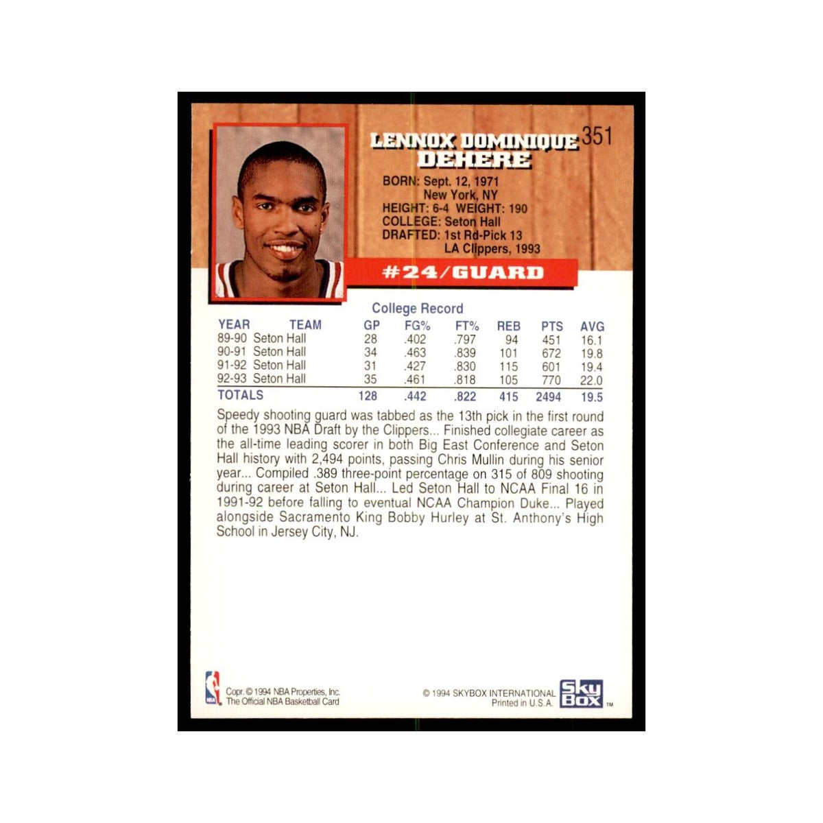 1993 NBA Hoops Terry Dehere RC Basketball Cards #351