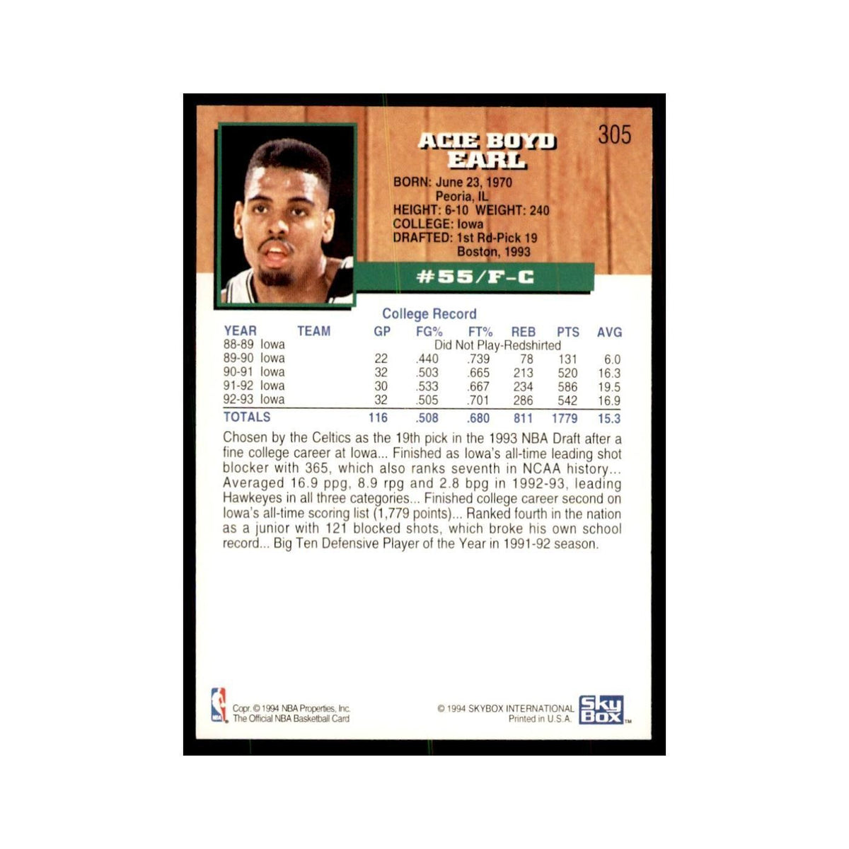 1993 NBA Hoops Acie Earl RC Basketball Cards #305