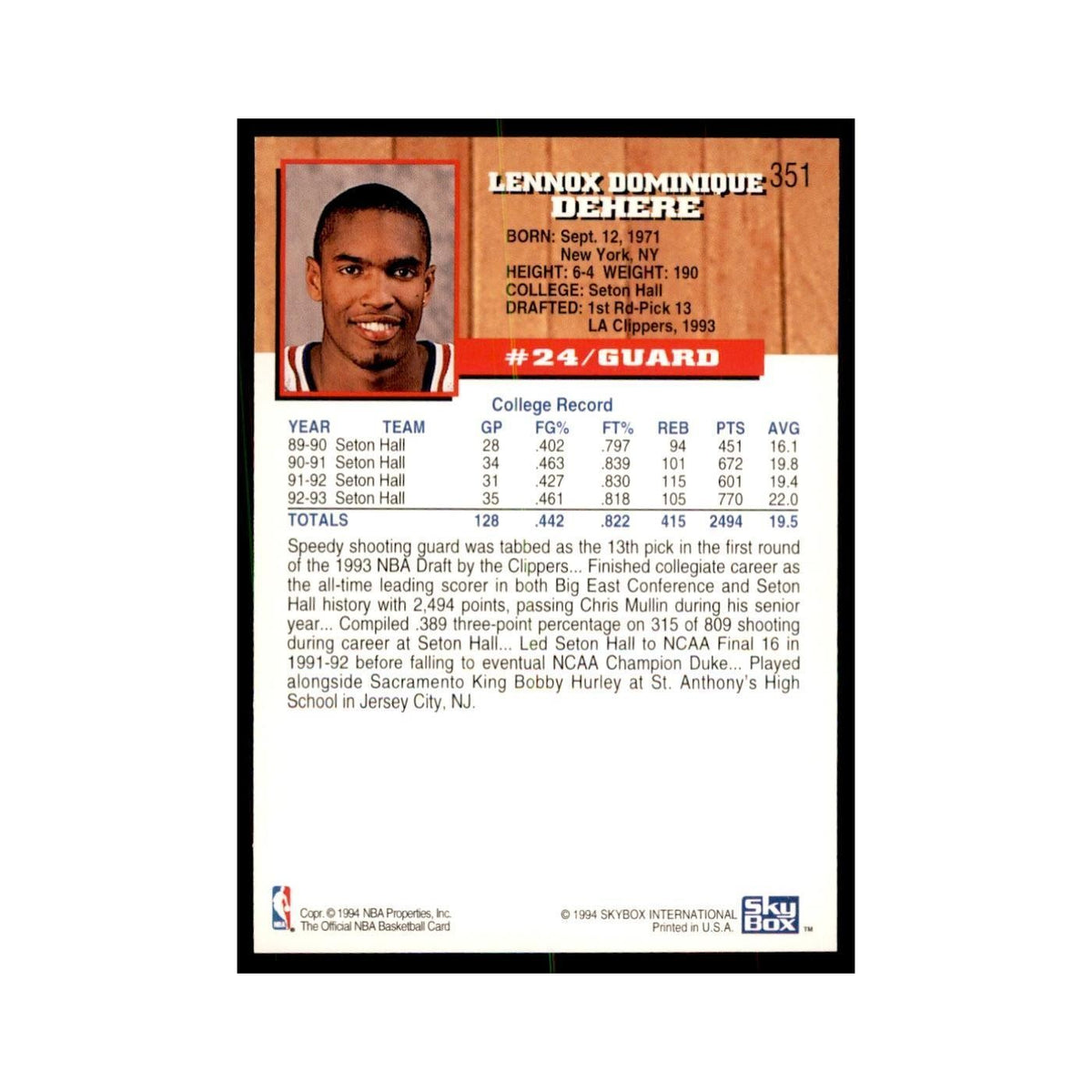 1993 NBA Hoops Terry Dehere RC Basketball Cards #351