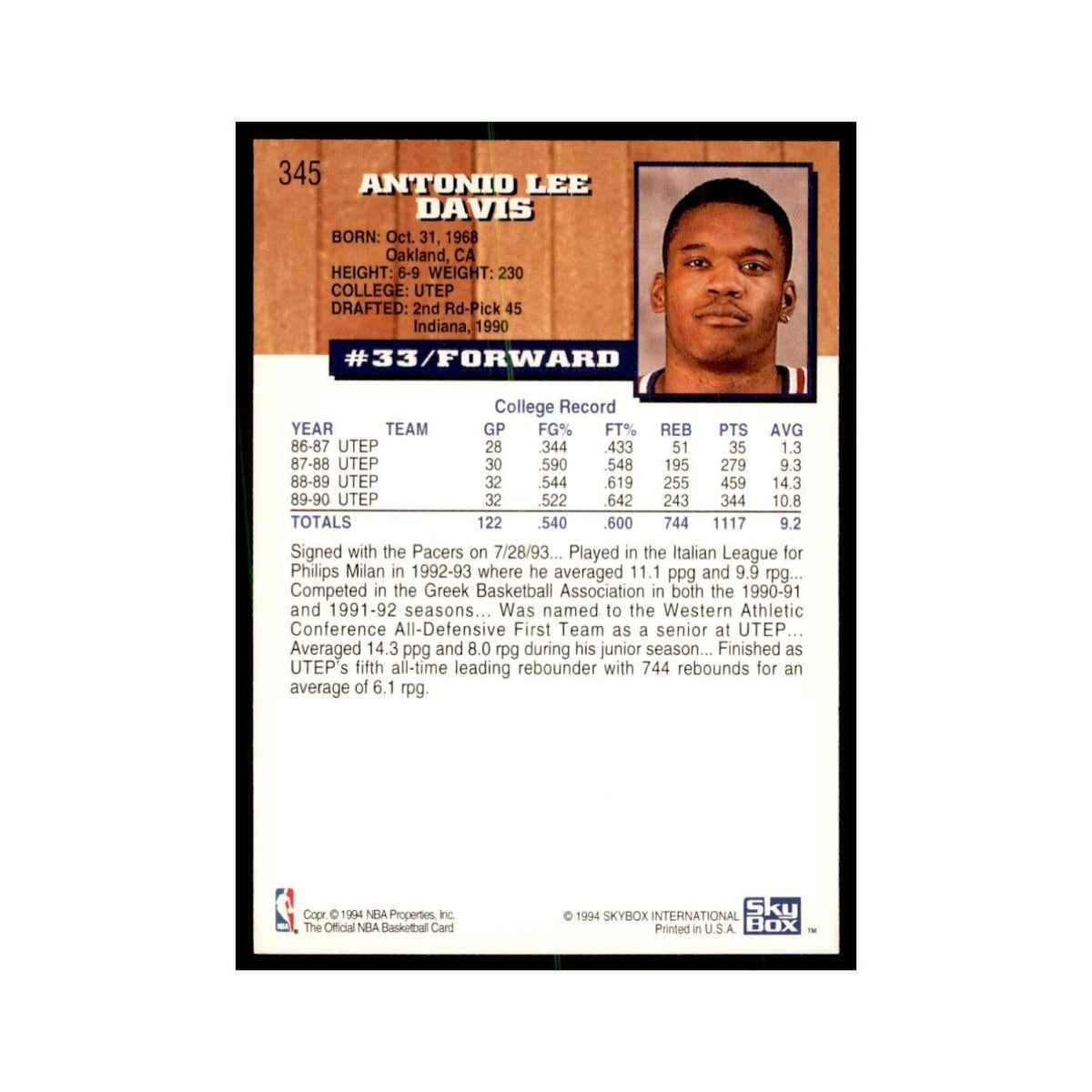 1993 NBA Hoops Antonio Davis RC Basketball Cards #345