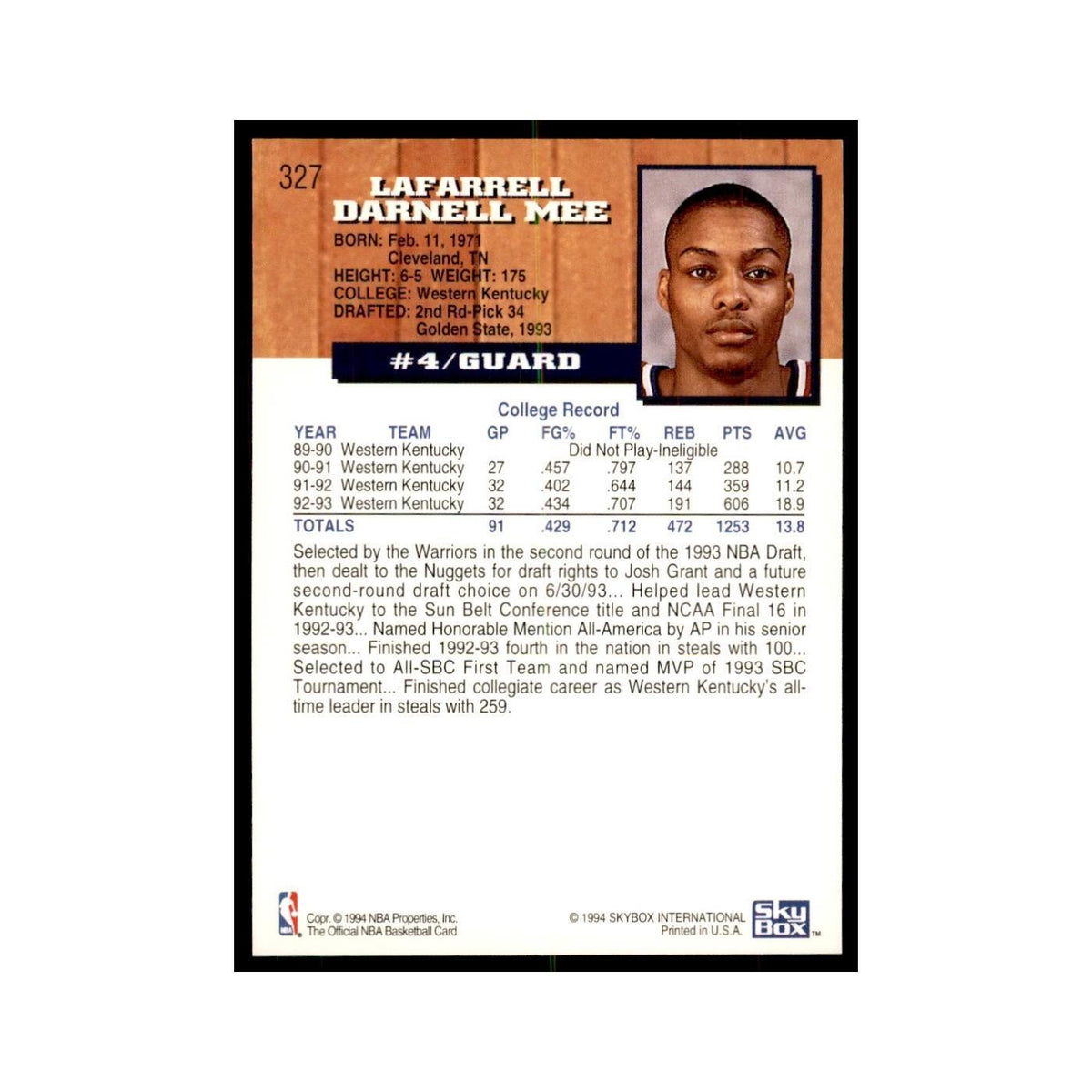 1993 NBA Hoops Darnell Mee RC Basketball Cards #327