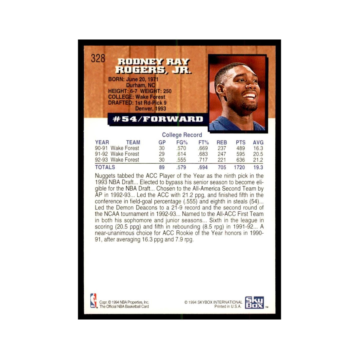 1993 NBA Hoops Rodney Rogers RC Basketball Cards #328