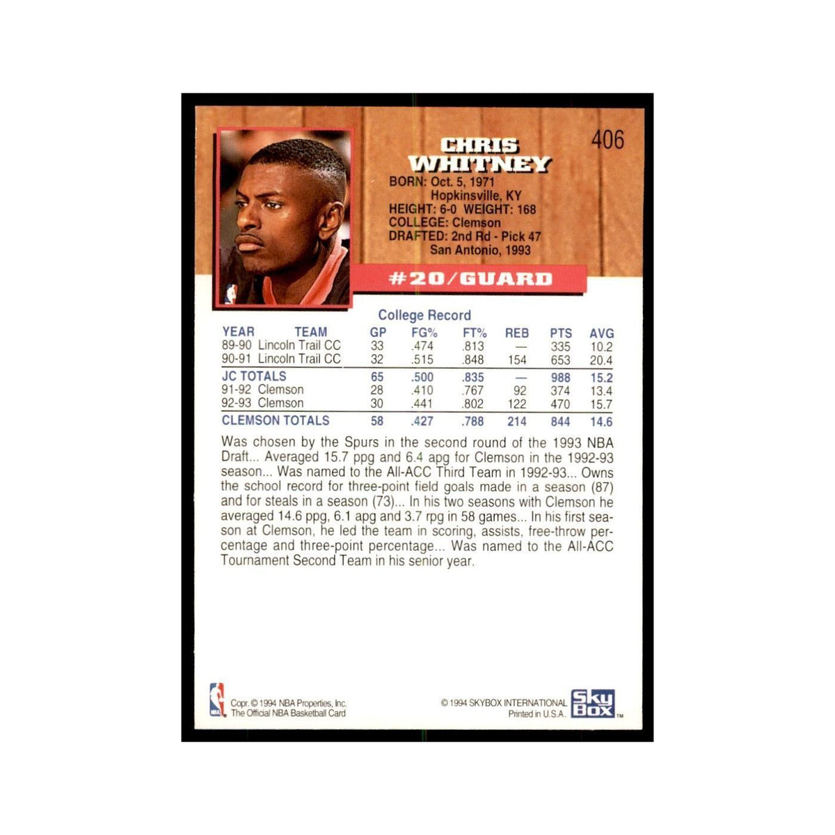 1993 NBA Hoops Chris Whitney RC Basketball Cards #406