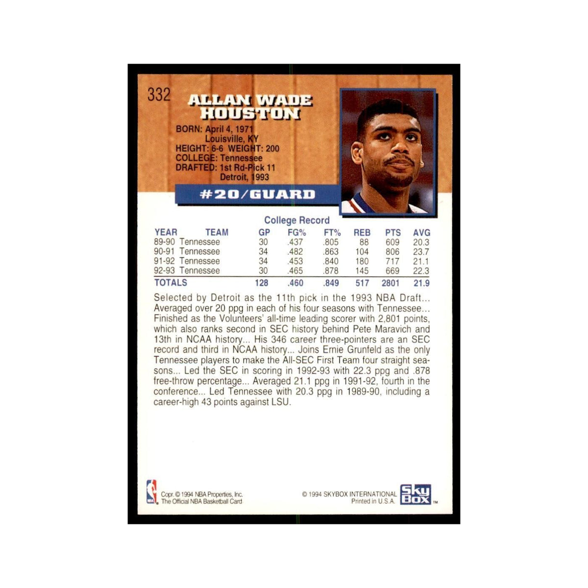 1993 NBA Hoops Allan Houston RC Basketball Cards #332