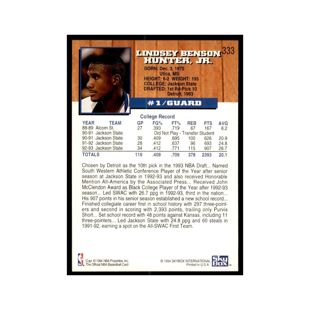 1993 NBA Hoops Lindsey Hunter RC Basketball Cards #333