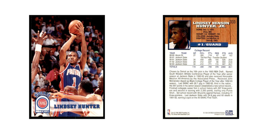 1993 NBA Hoops Lindsey Hunter RC Basketball Cards #333
