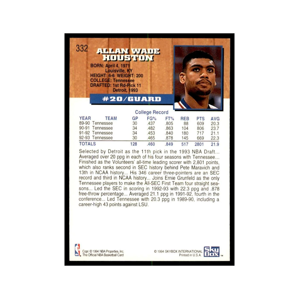 1993 NBA Hoops Allan Houston RC Basketball Cards #332