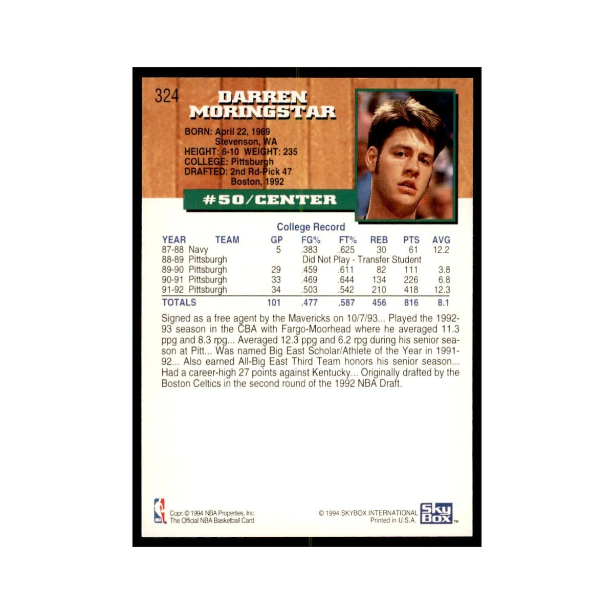1993 NBA Hoops Darren Morningstar RC Basketball Cards #324