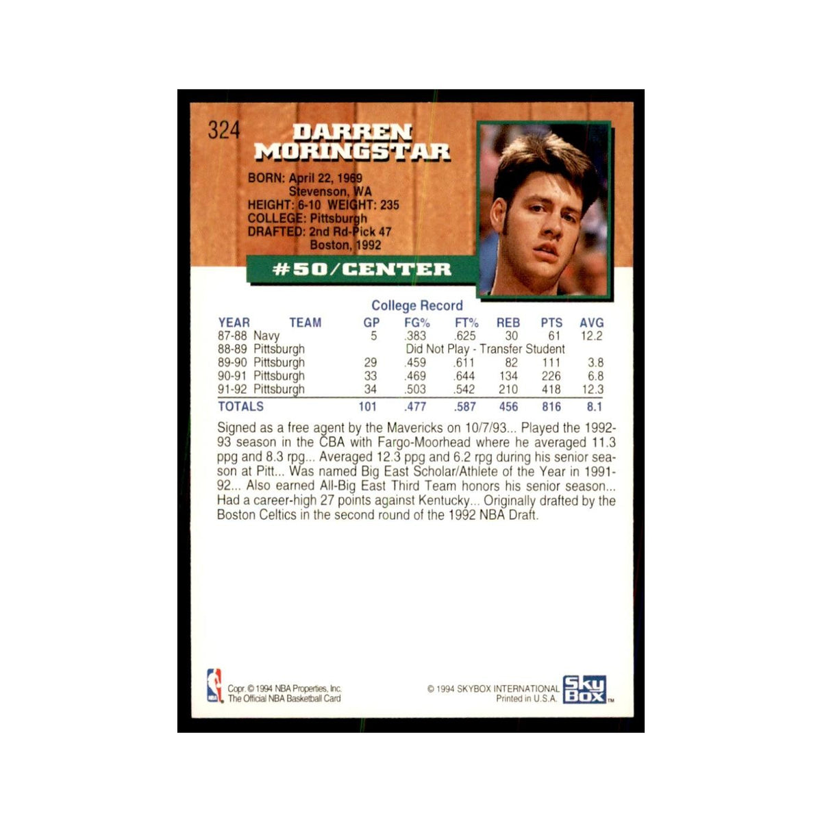 1993 NBA Hoops Darren Morningstar RC Basketball Cards #324