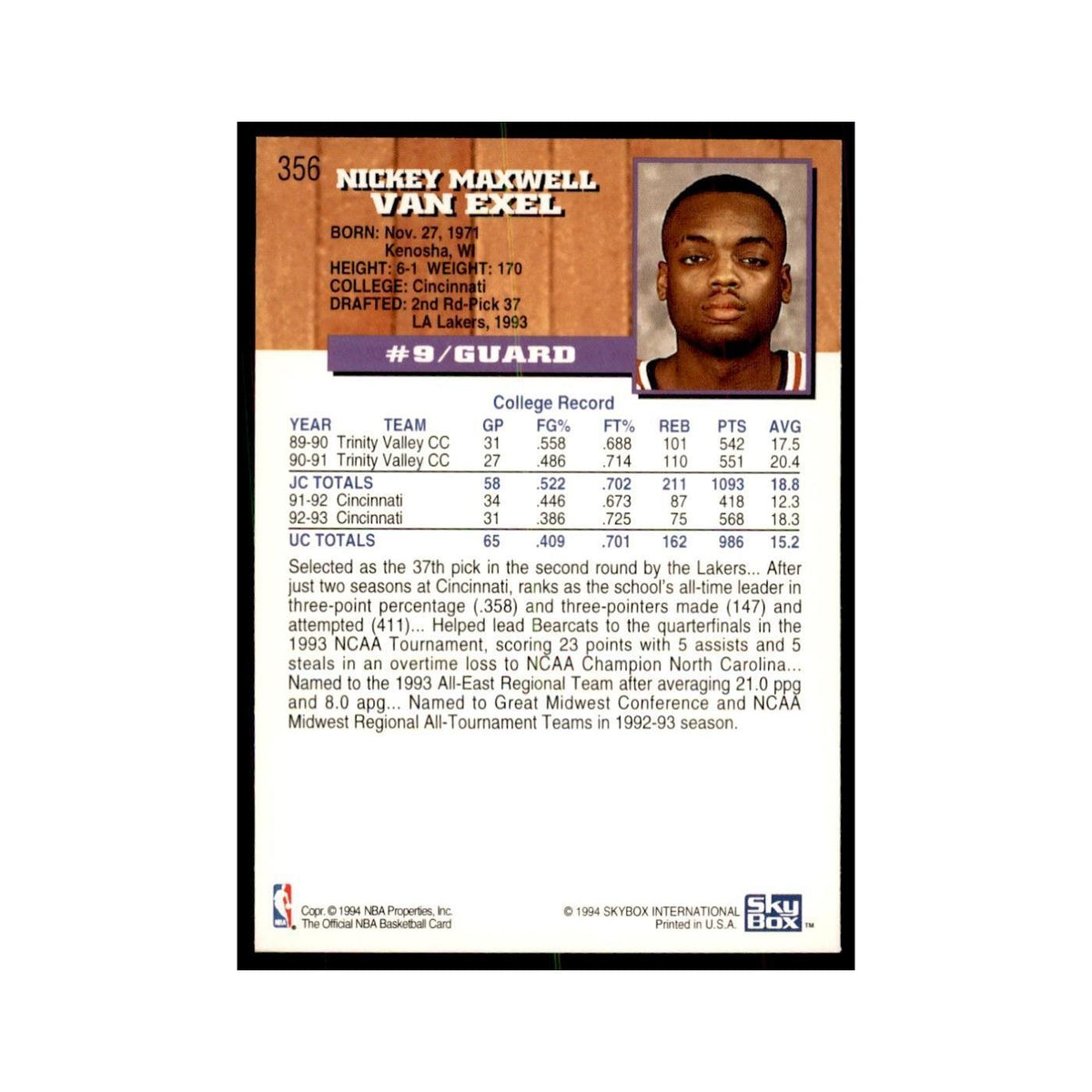 1993 NBA Hoops Nick Van Exel RC Basketball Cards #356