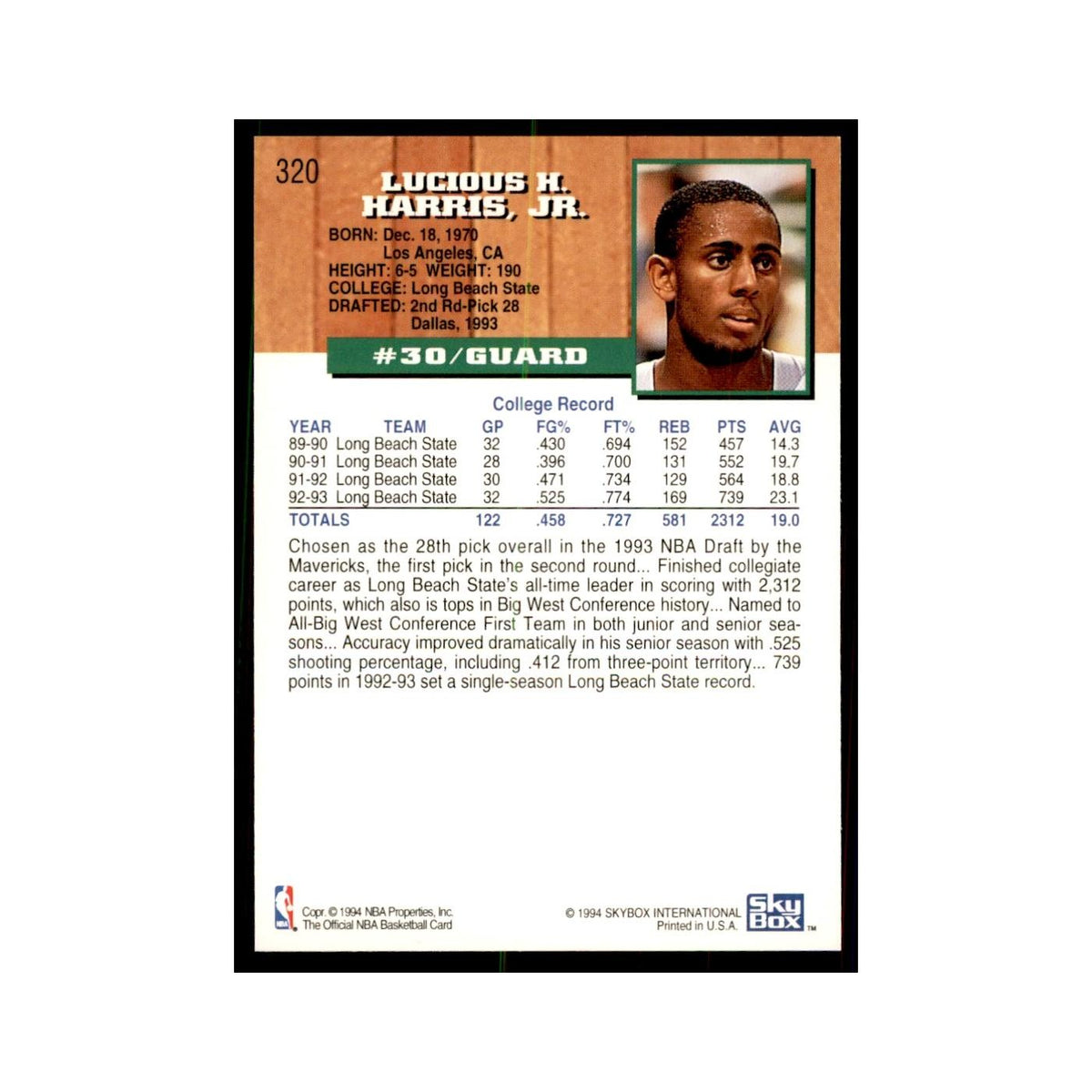 1993 NBA Hoops Lucious Harris RC Basketball Cards #320