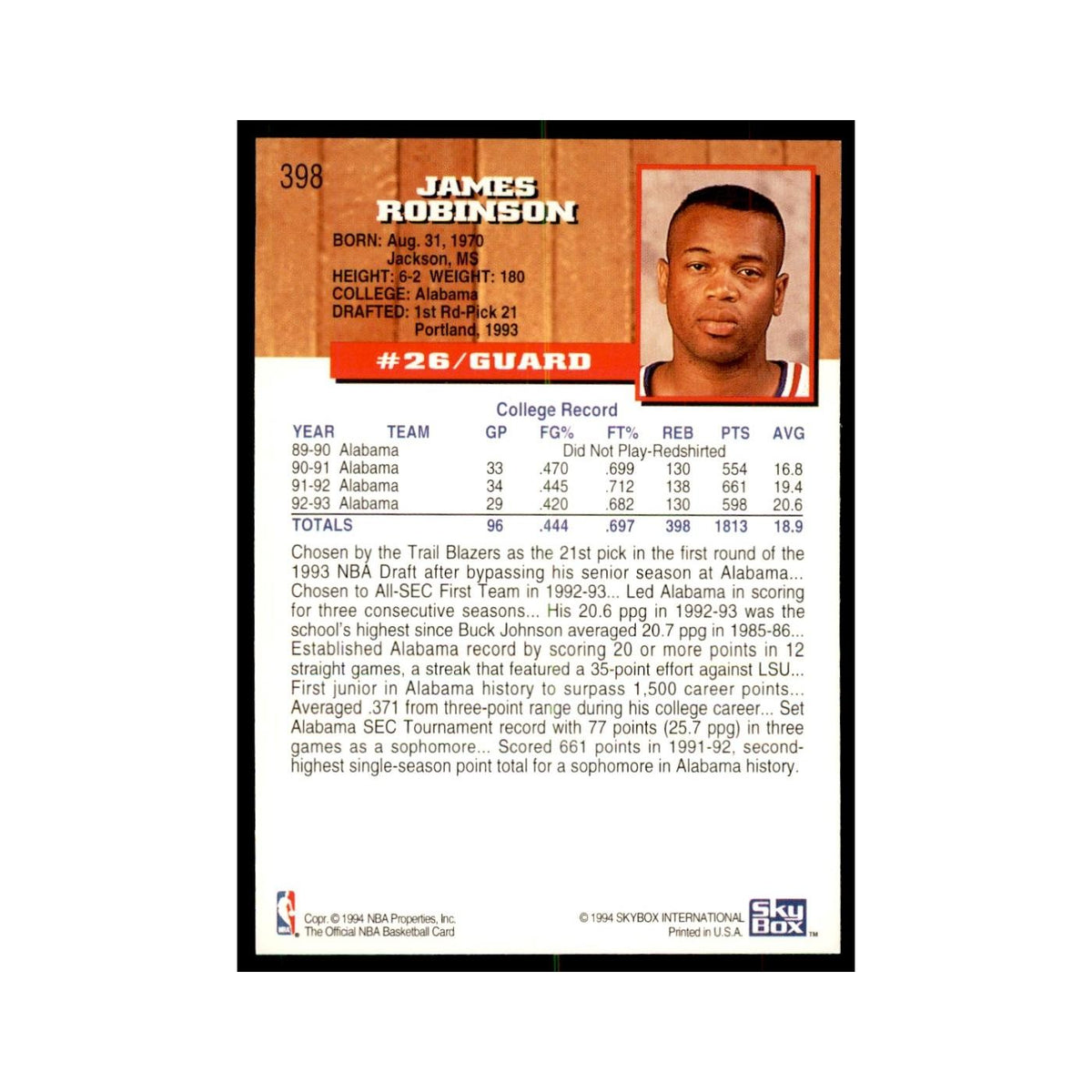 1993 NBA Hoops James Robinson RC Basketball Cards #398