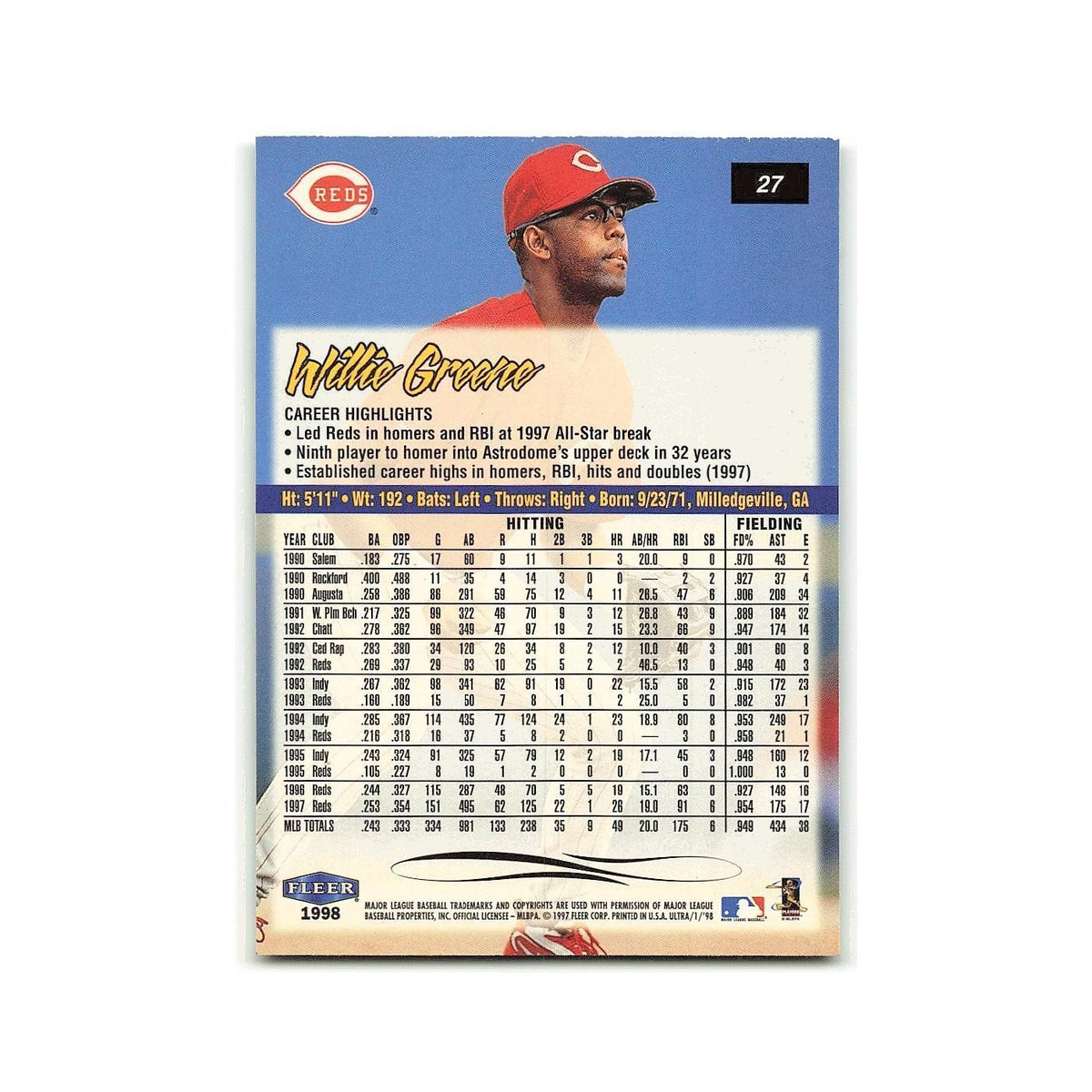 Willie Greene 1998 Fleer Ultra #27 Cincinnati Reds Baseball Card NM