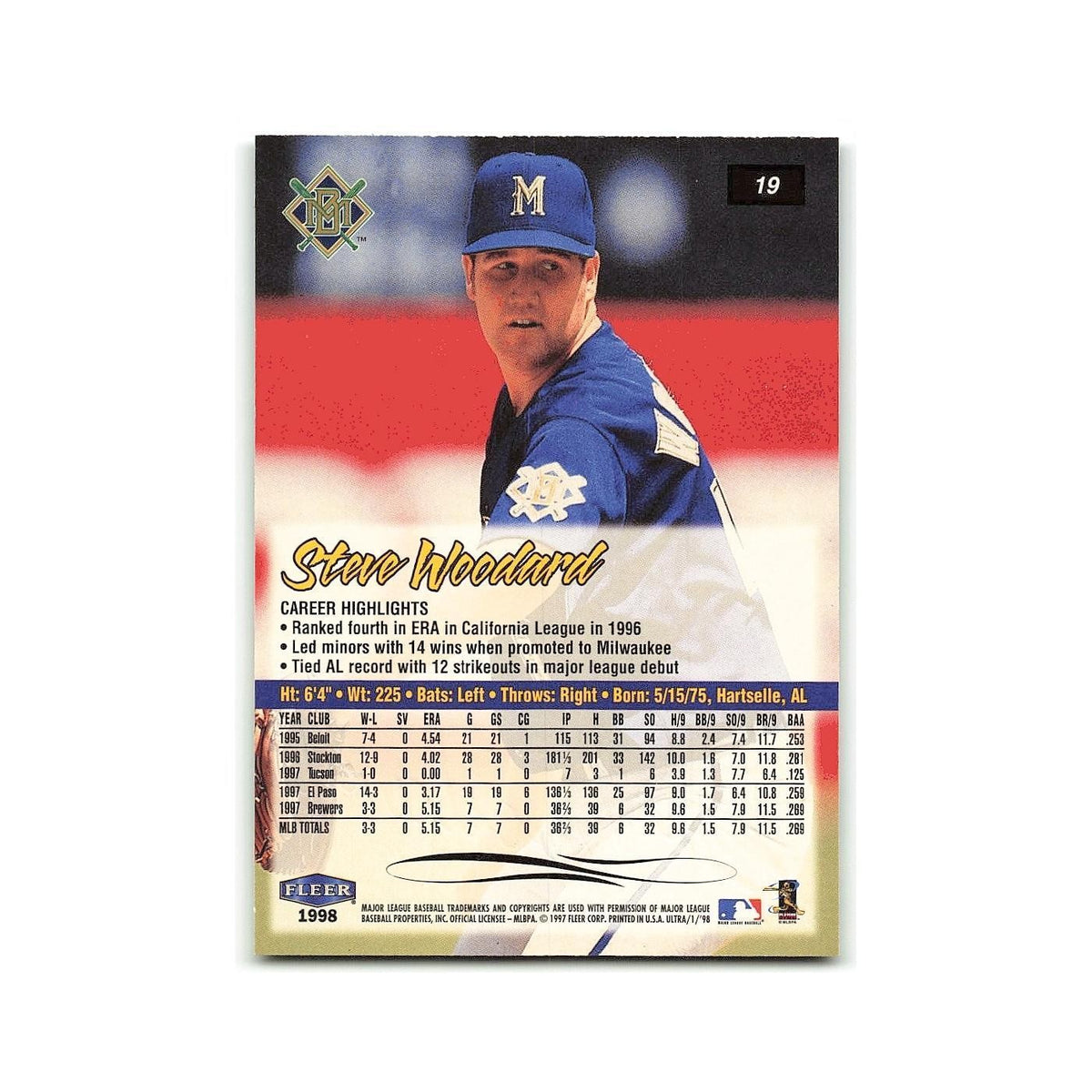 Steve Woodard 1998 Fleer Ultra #19 Milwaukee Brewers Baseball Card NM
