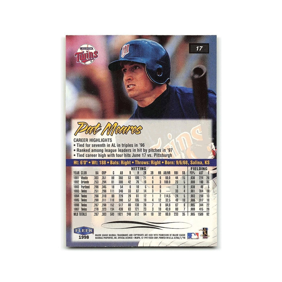 Pat Mears 1998 Fleer Ultra #17 Minnesota Twins Baseball Card NM
