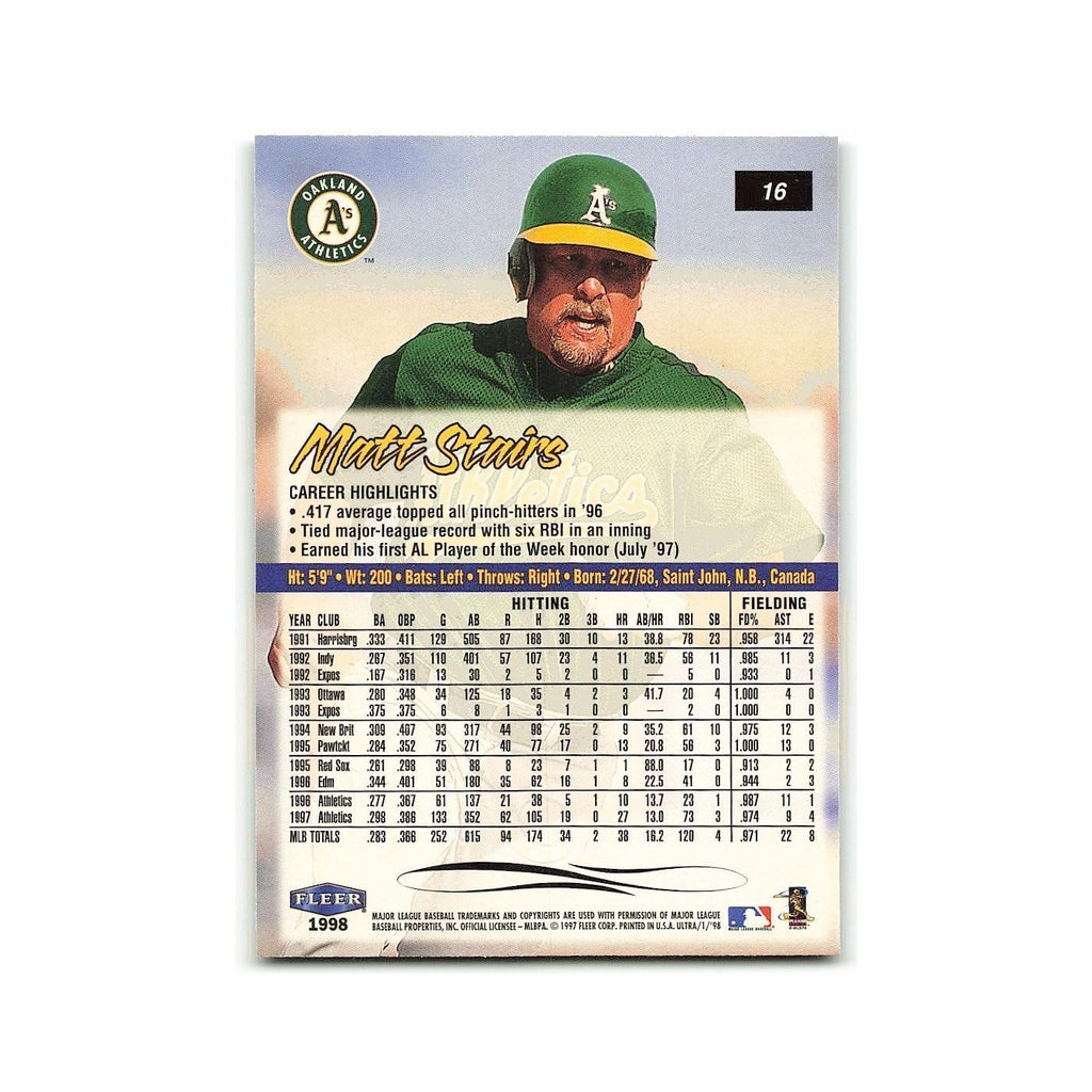 Matt Stairs 1998 Fleer Ultra #16 Oakland Athletics Baseball Card NM
