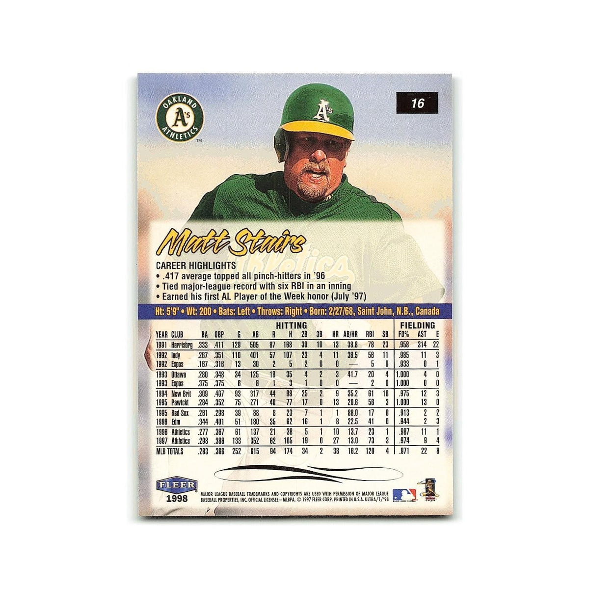 Matt Stairs 1998 Fleer Ultra #16 Oakland Athletics Baseball Card NM
